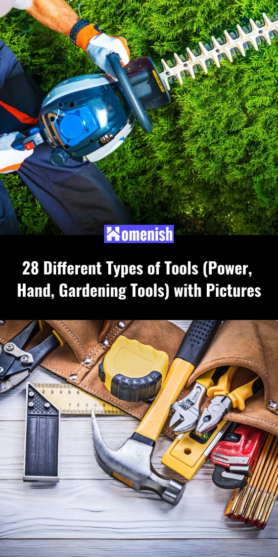 28種不同類型的工具（電源，手，園藝工具）與圖片