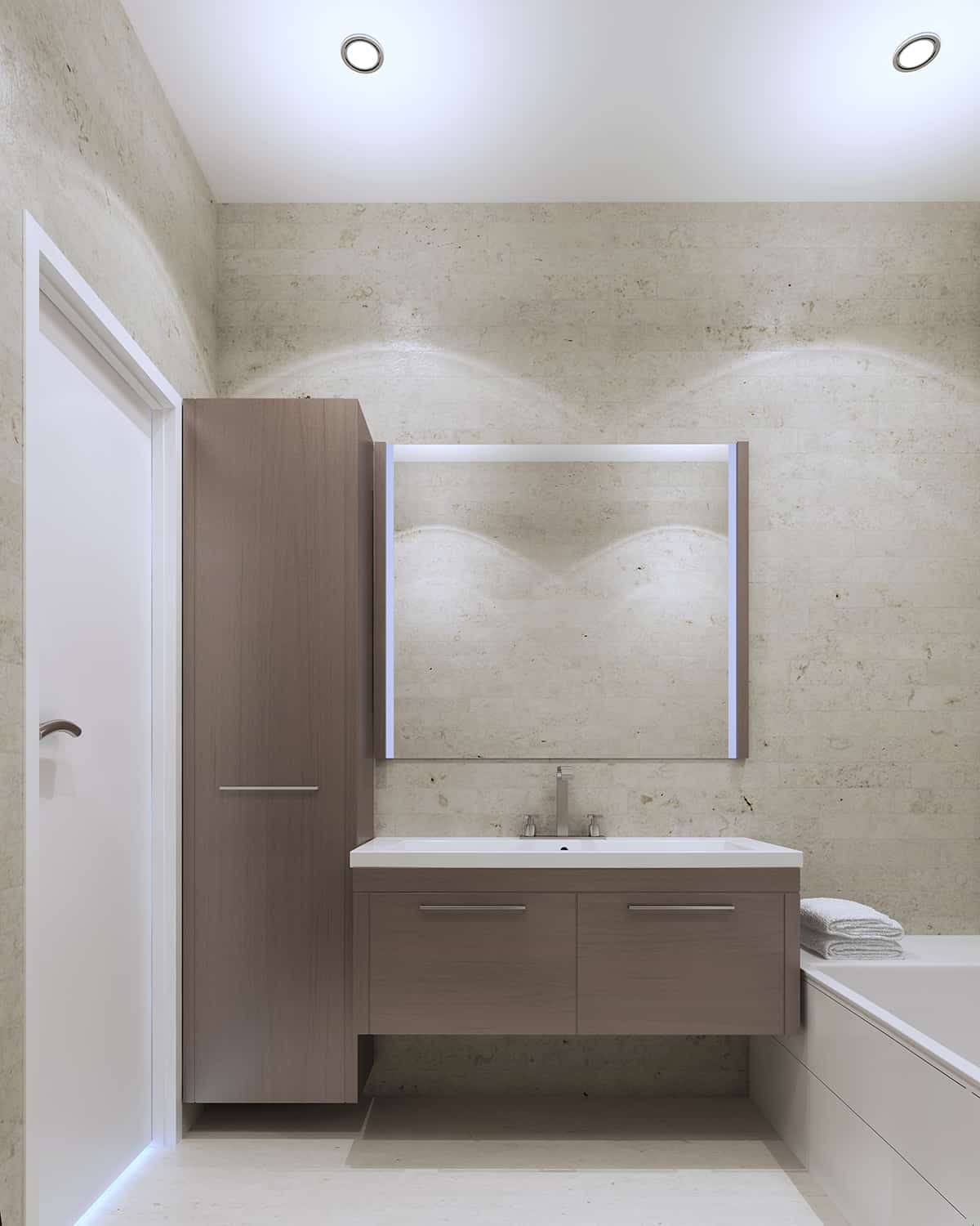 米色的牆壁和深灰色的浴室櫥櫃