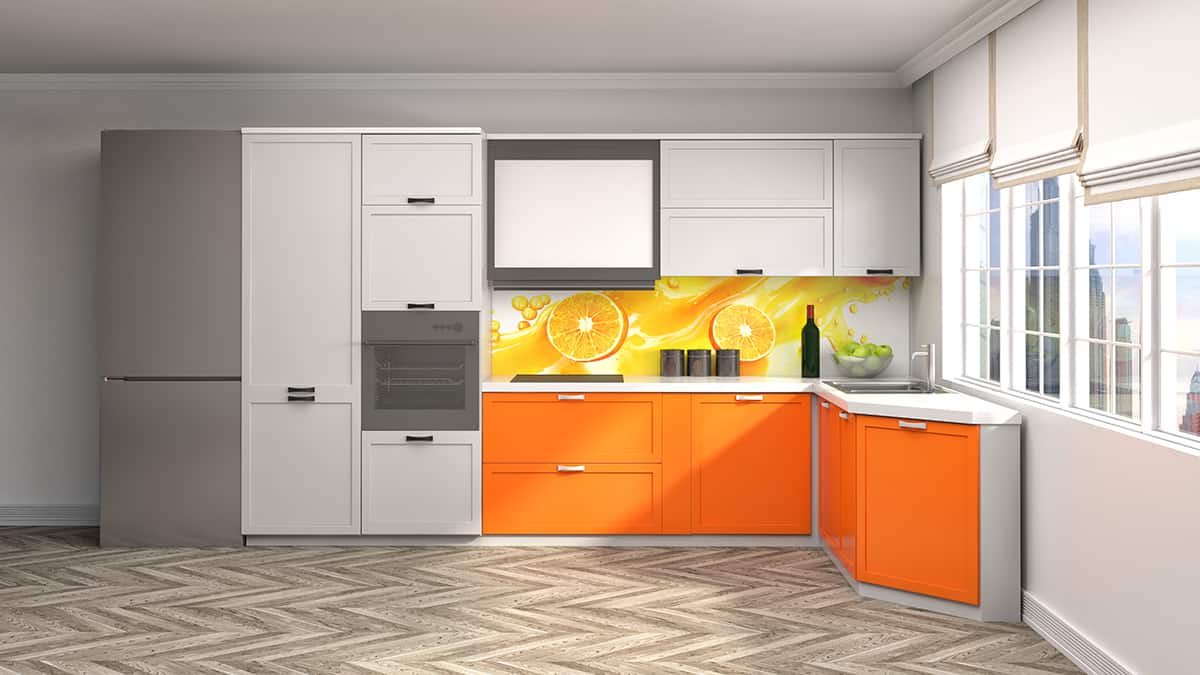 橙色的櫥櫃和灰色的地板