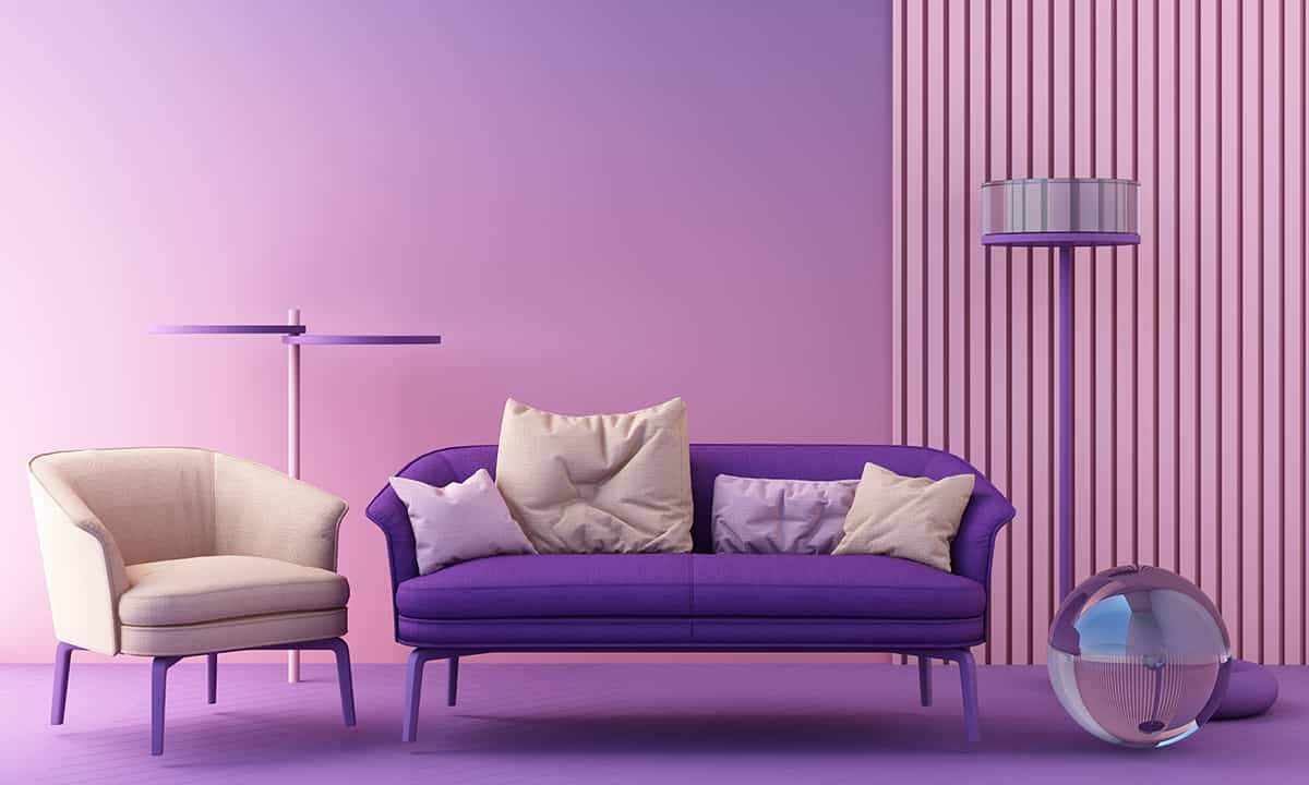 紫色牆壁和奶油家具
